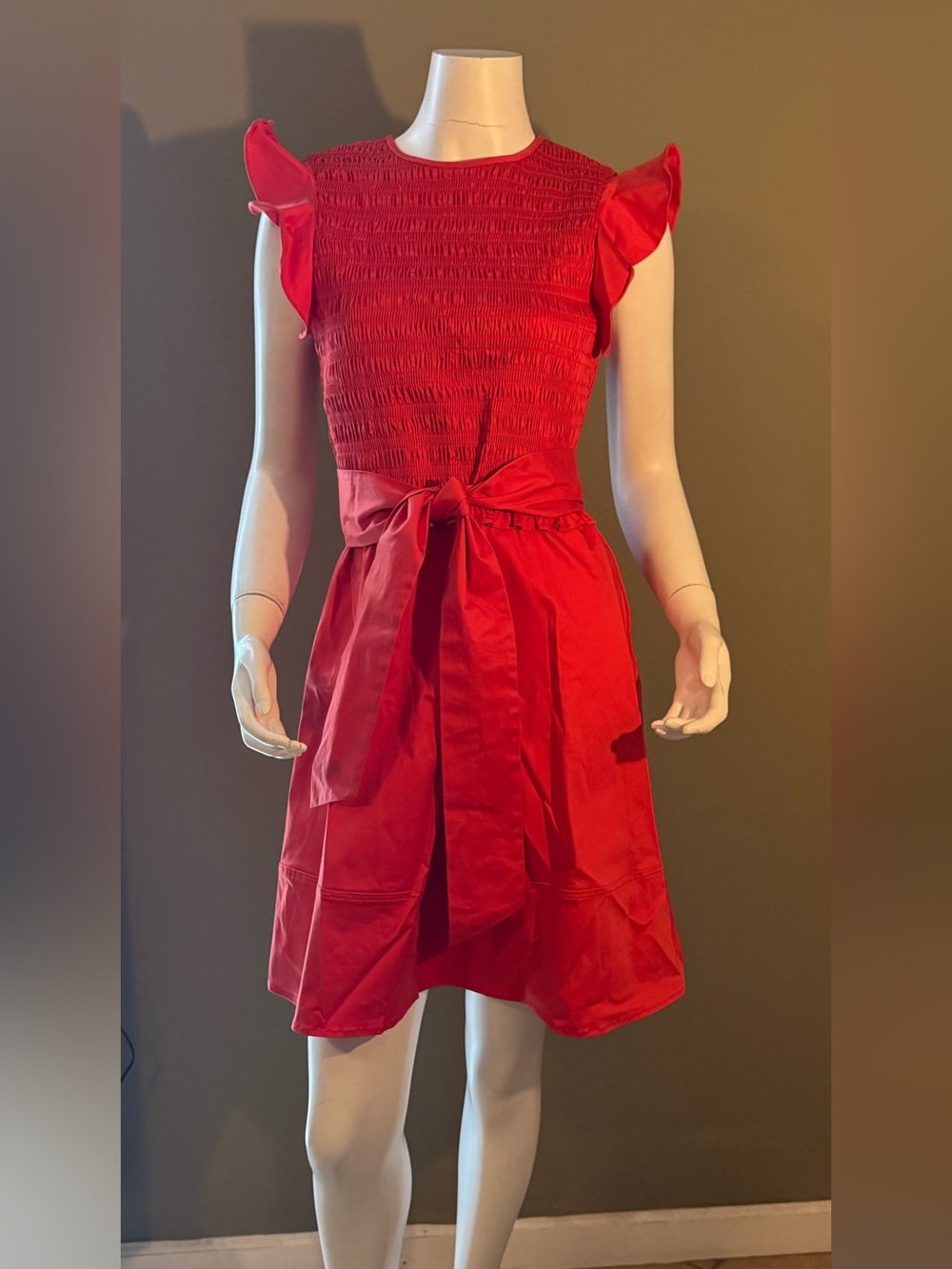 Shoshanna Bright Red Smocked Bodice Dress with Waist Tie